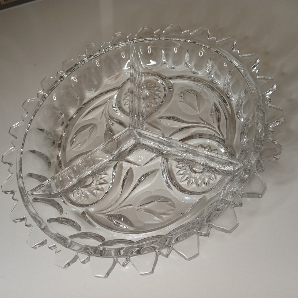 Brilliant Cut Glass Crystal 3 Section Serving Dish Unique Hollywood Regency Cut